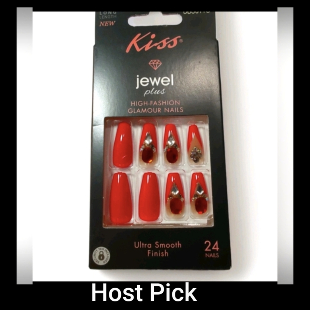 Kiss Jewel Ultra High Fashion Glamour Nails Red/Silver 24 Nails New In Box